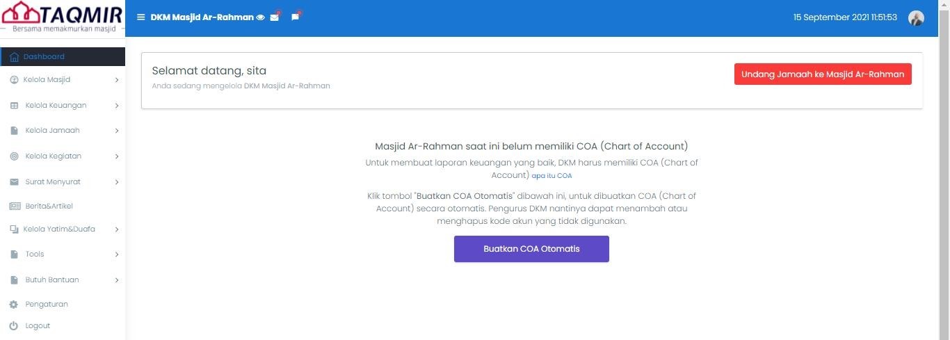 tampilan dashboard masjid setelah mendaftarkan masjid
